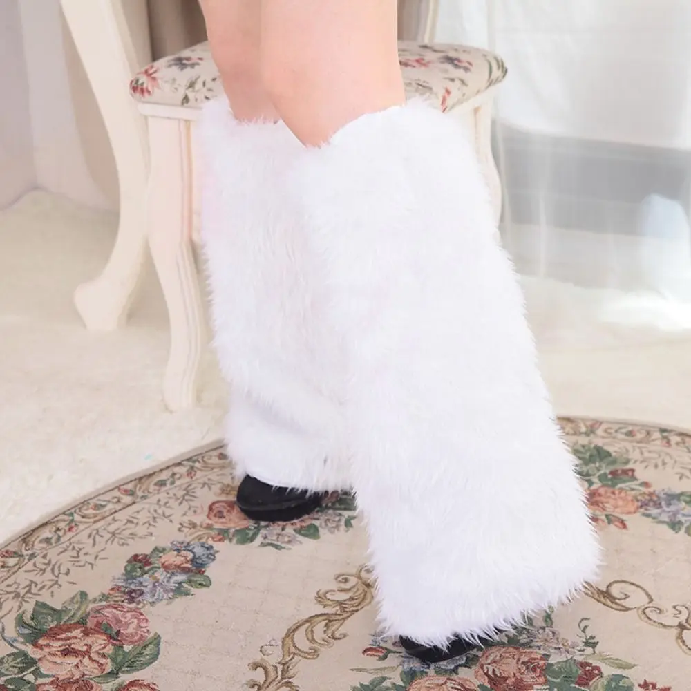 Soft Fluffy Faux Fur Leg Warmers Solid Color Thick Warm Knee Sleeve Elastic Colorful Knee High Boots Cover Cosplay Accessory