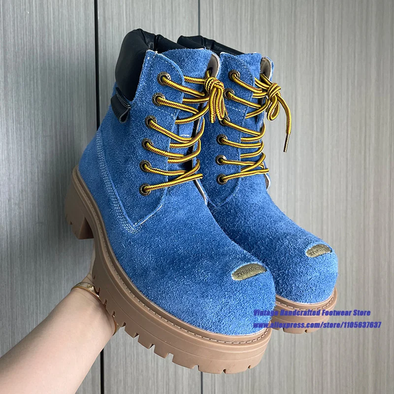 Red Suede Thick Sole Men's Boots Round Toe Platform Lace Up Ankle Booties Luxury Designer Trendy Height Increasing Men's Boots view 4