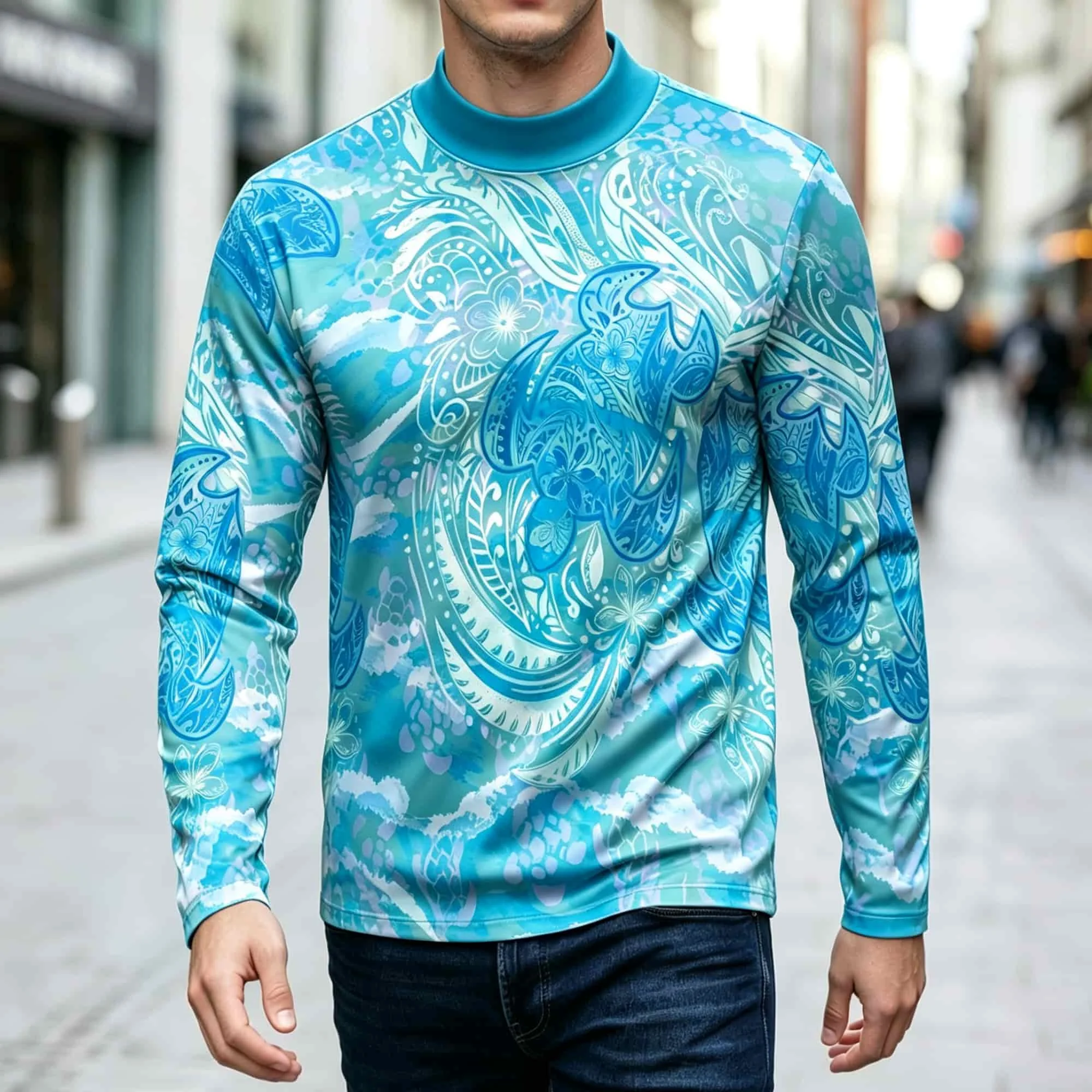 Bohemian Tropical Mock Neck Pullover Ornate Tribal Sea‑Turtle Mixed Floral Print On Water‑Tone Men’s Daily Top