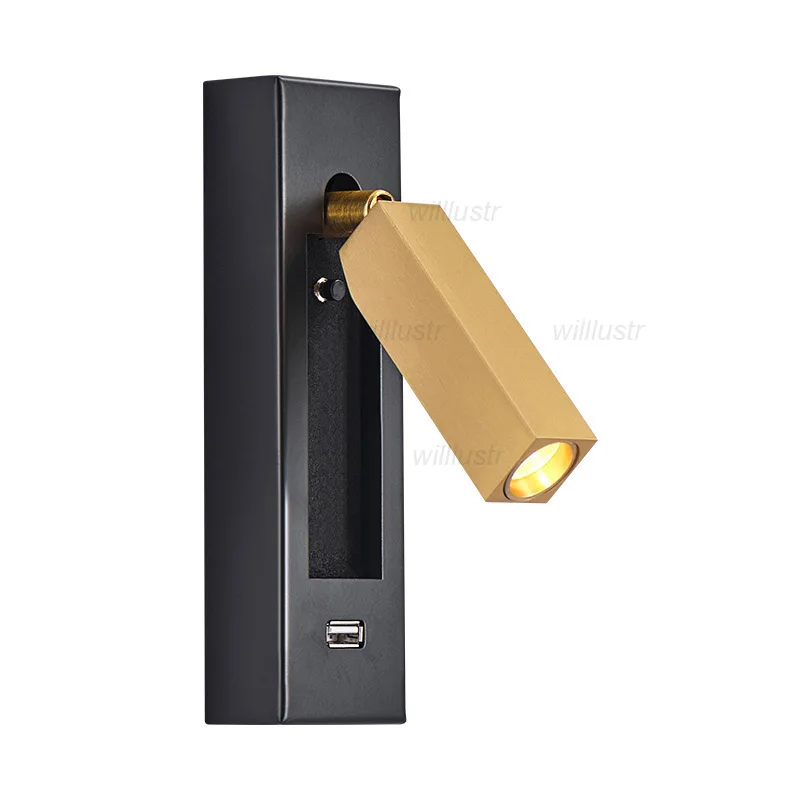 Creative Gold Black Metal Wall Lamp LED USB Sconce Hotel Cafe Bar Bedside Embedded Aluminum Cylinder Cuboid Reading Lighting