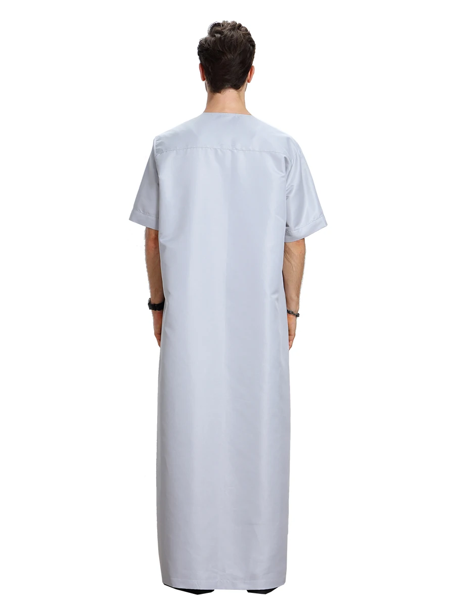 Eid Ramadan Thobe Thawb Jubba for Men Wear Muslim Short Sleeves Round Collar Saudi Arab Kaftan Islamic Dubai Robe Caftan Dress