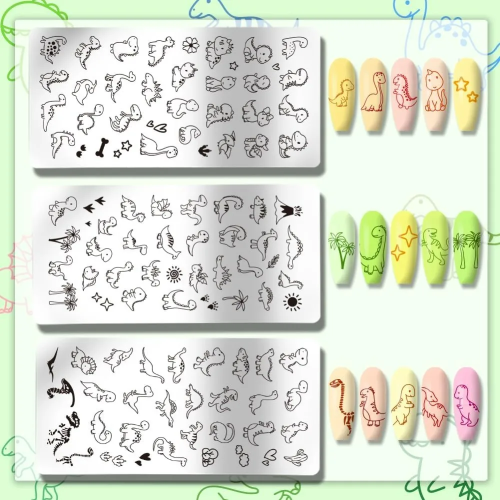 3pcs Dinosaur Nail Stamping Plates Cute Little Dinosaur Nail Art Templates Love Sun Plant Stencils Stainless Steel Image Plate view 3