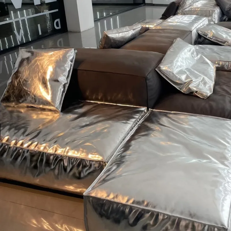 Large flat living room custom tofu block silver leather design sofa