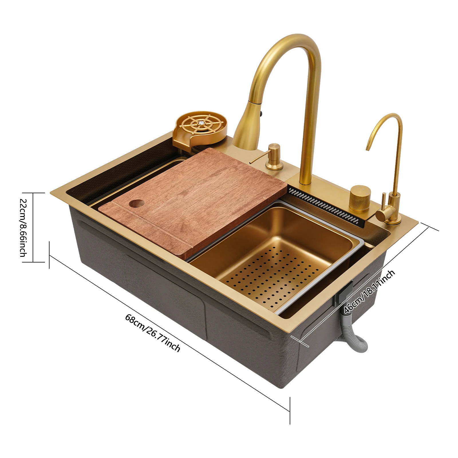 

Stainless Steel Countertop Single Bowl Kitchen Sink W/ Pull-Out Faucet, Three Water Outlet Modes, Double-Sided Design