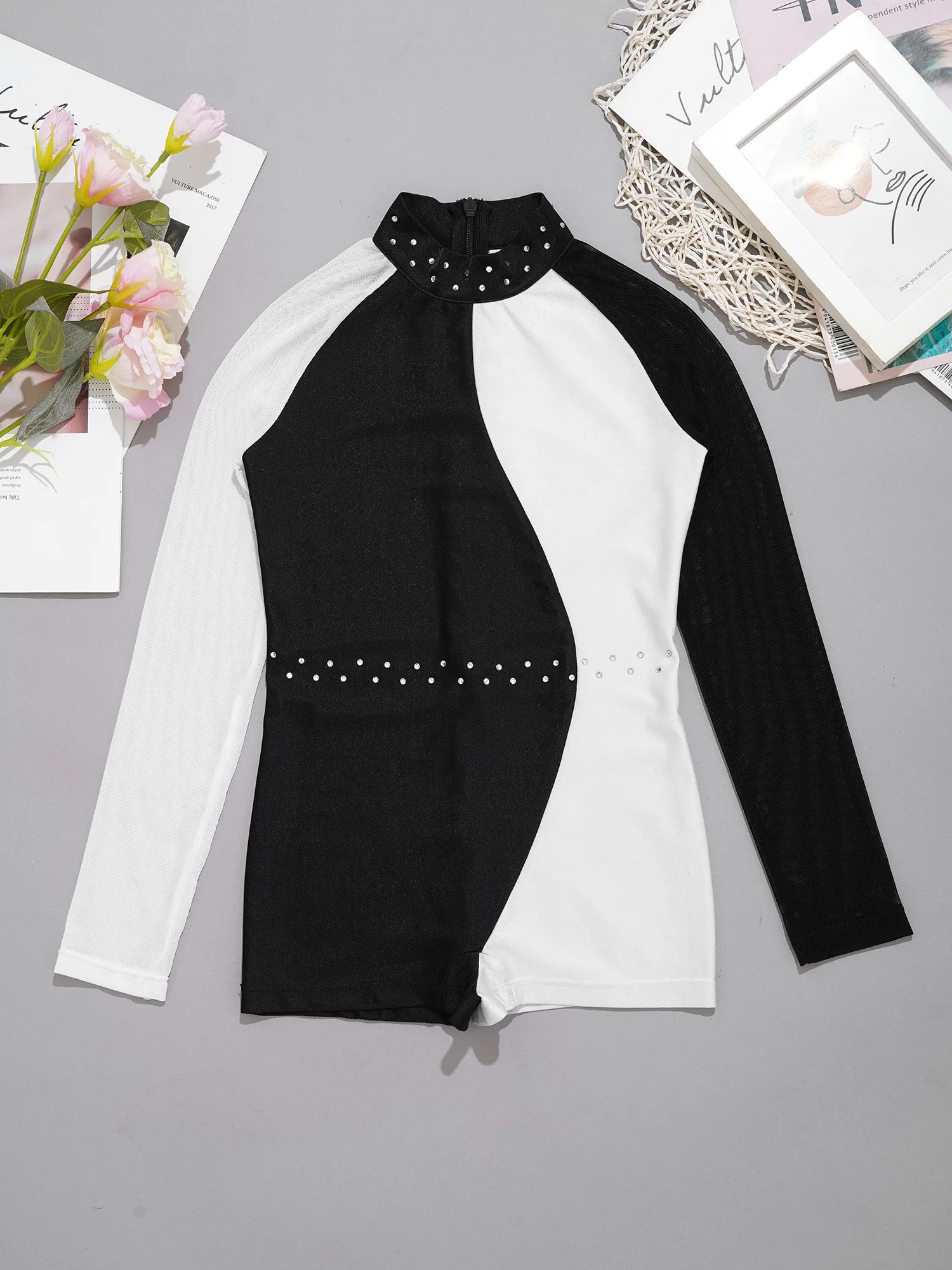 Kids Girls Long Sleeve Sheer Mesh Rhinestones Ballet Dance Leotard Figure Skating Gymnastics Acrobatics Yoga Sports Bodysuit