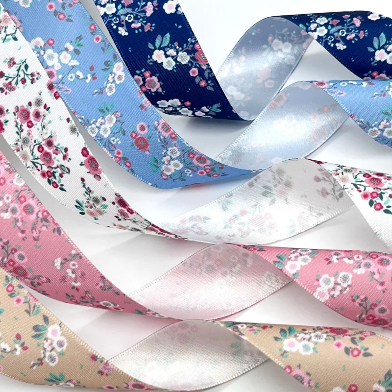 5Y 2.5cm Beautiful Flowers Printed Satin Ribbon For Handmade DIY Craft Bows Marriage Easter Christmas Deco Gift Floral Packing