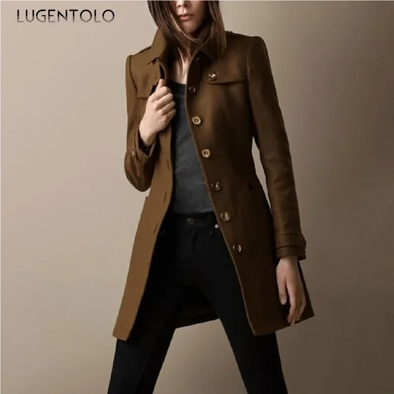 Lugentolo Autumn Blends Women Solid Lapel Slim Single-breasted Jackets Female Casual Long Sleeve Elegant Korean Coat