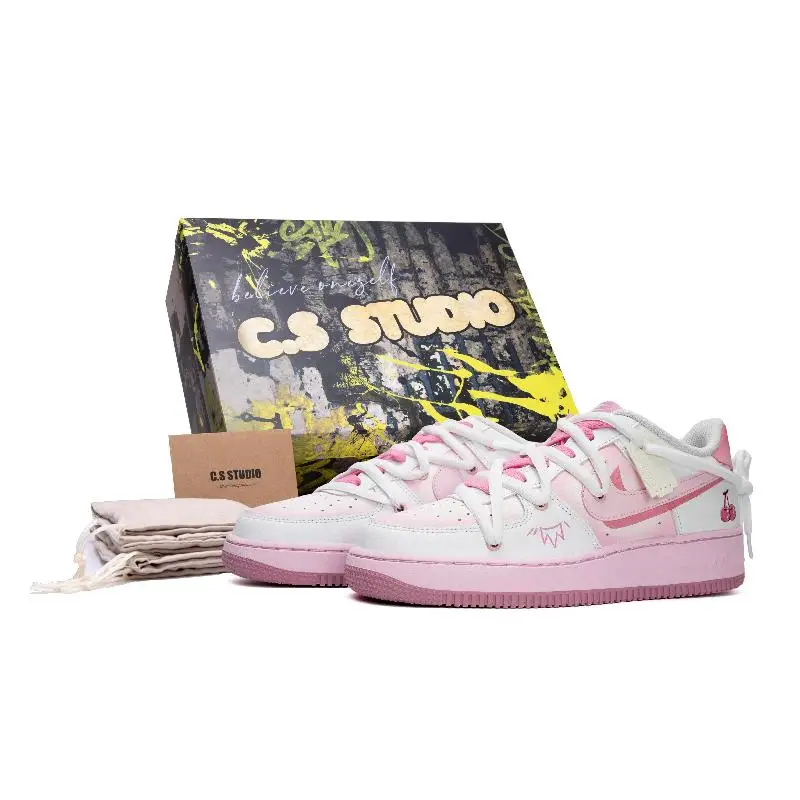 

[Custom Double hook cherry female fan S-BOX]Nike Air Force 1 Low Low-Top Skateboard Shoes GS Pink White