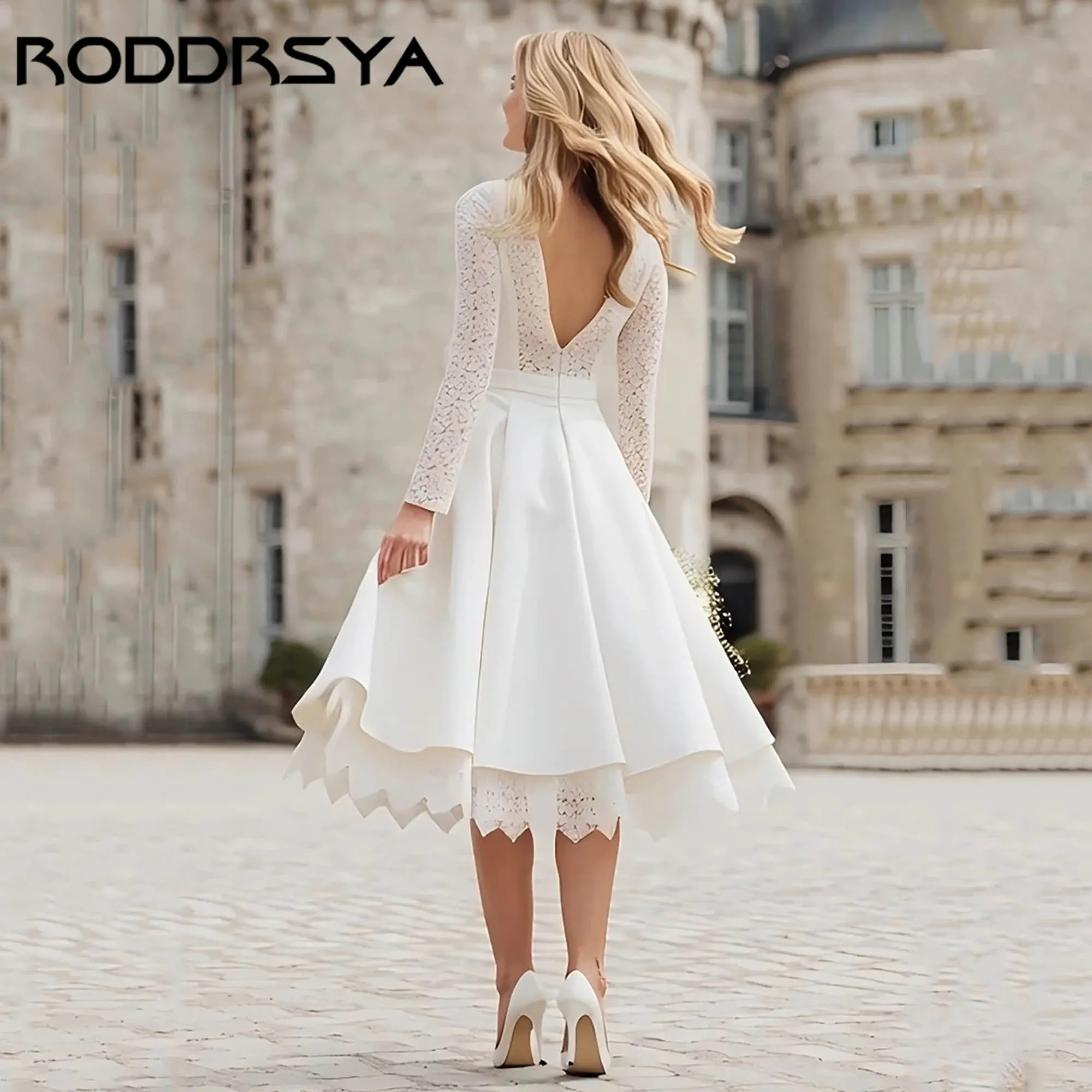 RODDRSYA Satin Long Sleeve A Line Lace Engagement Dress Vintage Mid-calf Bride Gown O-neck Backless vestidos de novia Customized