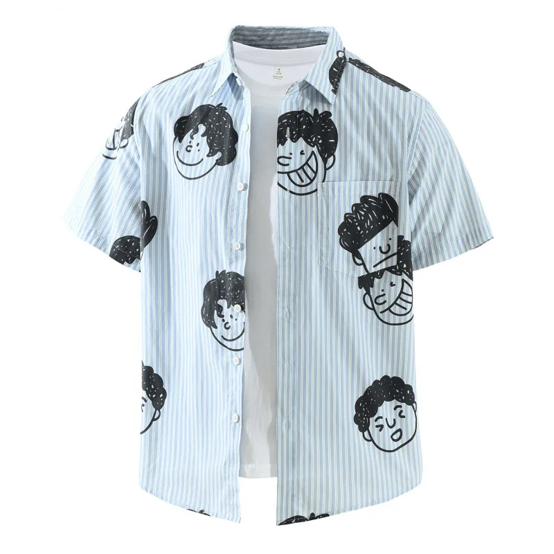 

Casual Fashion Striped Shirt Man Summer New Mens Short Sleeve Shirts 100Cotton Top Youth Streetwear Cartoon Avatar Printed Shirt