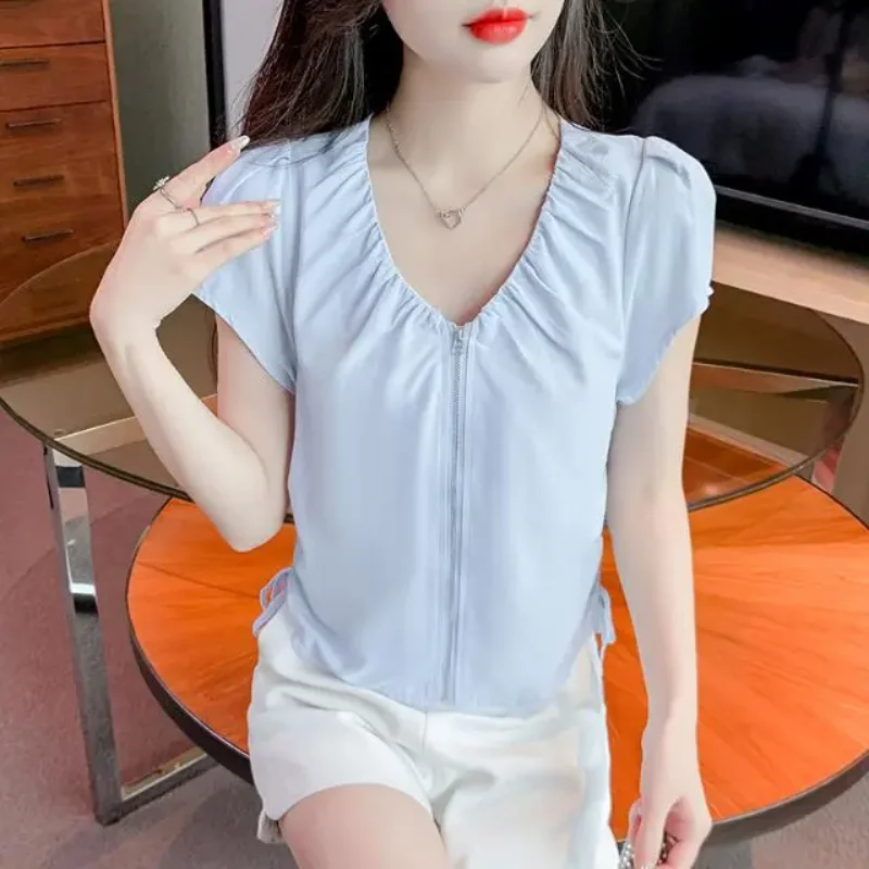 

Women V Neck Drawstring Blouse Short Sleeve Zip Front Casual Summer Crop Tops