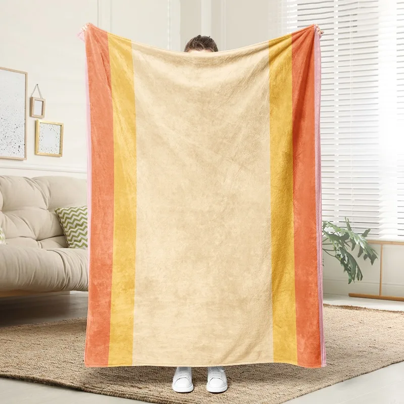 

Orange Yellow Stripe Flannel Blanket Soft Warm Throw for Sofa Bed Living Room Vibrant Home Decor