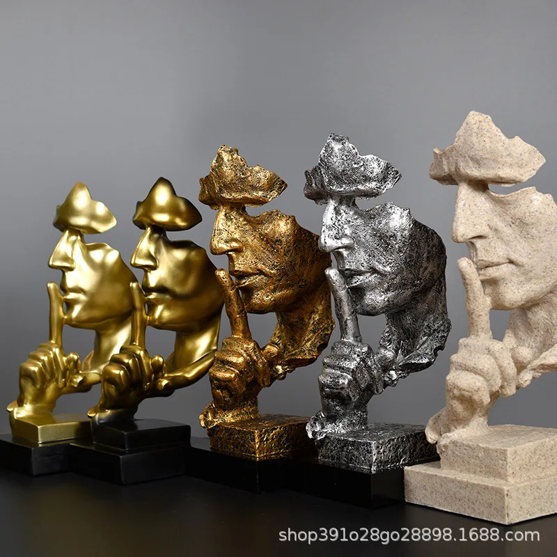 Thinker Statue Home Decor Sculpture Silence Is Gold Figurines Resin Retro  For Office Study Living Room Abstract Face Ornaments
