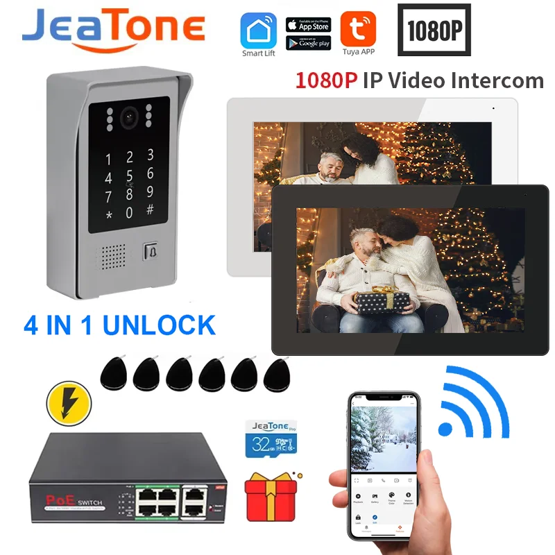 

Видеодомофон Jeatone Smart Tuya, 7 дюймов, беспроводной IP-видеодомофон, дверной звонок с сенсорным экраном 1080P, POE переключатель