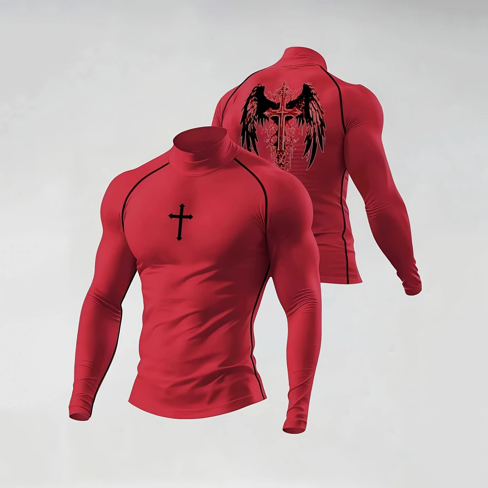 Herren Rollkragen Slim Fit Langarmshirt mit Frontkreuz- und Rückenflügelkreuz-Motiv, Figurbetontes Basic-T-Shirt – Detail 4