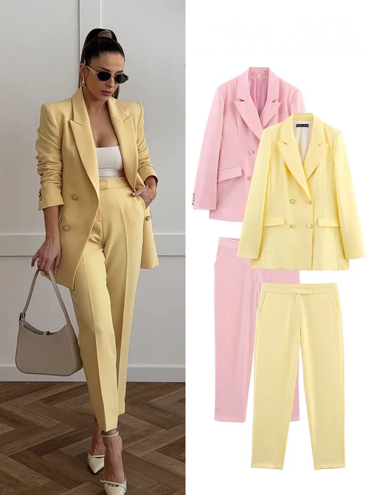 

HH женский пиджак, элегантный шикарный однотонный двубортный повседневный пиджак с лацканами и карманами, пальто + модные длинные брюки на молнии с высокой талией