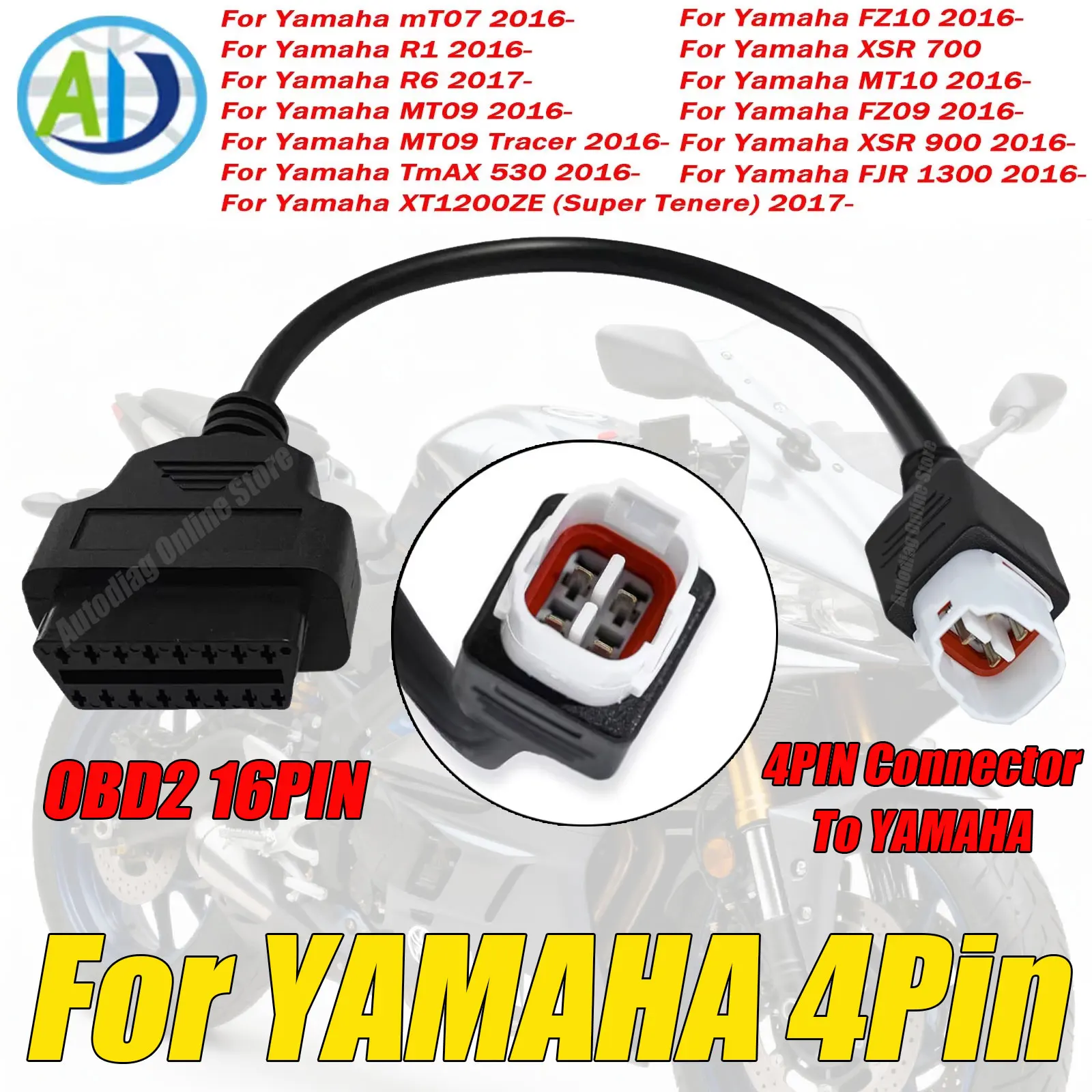 

Адаптерный кабель OBD2 с 4-контактным разъемом для Yamaha R1, R6, MT07, MT10, FZ09, FZ10, XSR700, XSR900, TMAX530, XT1200ZE, диагностический кабель OBD2