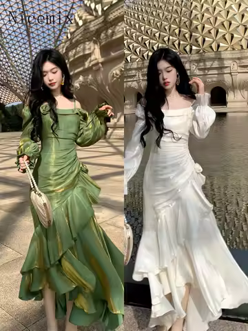 Nicemix French Elegant Off Shoulder Mermaid Hime Gilded Light Evening Dress for Women Summer Waist Cinched Slimming Long Dress