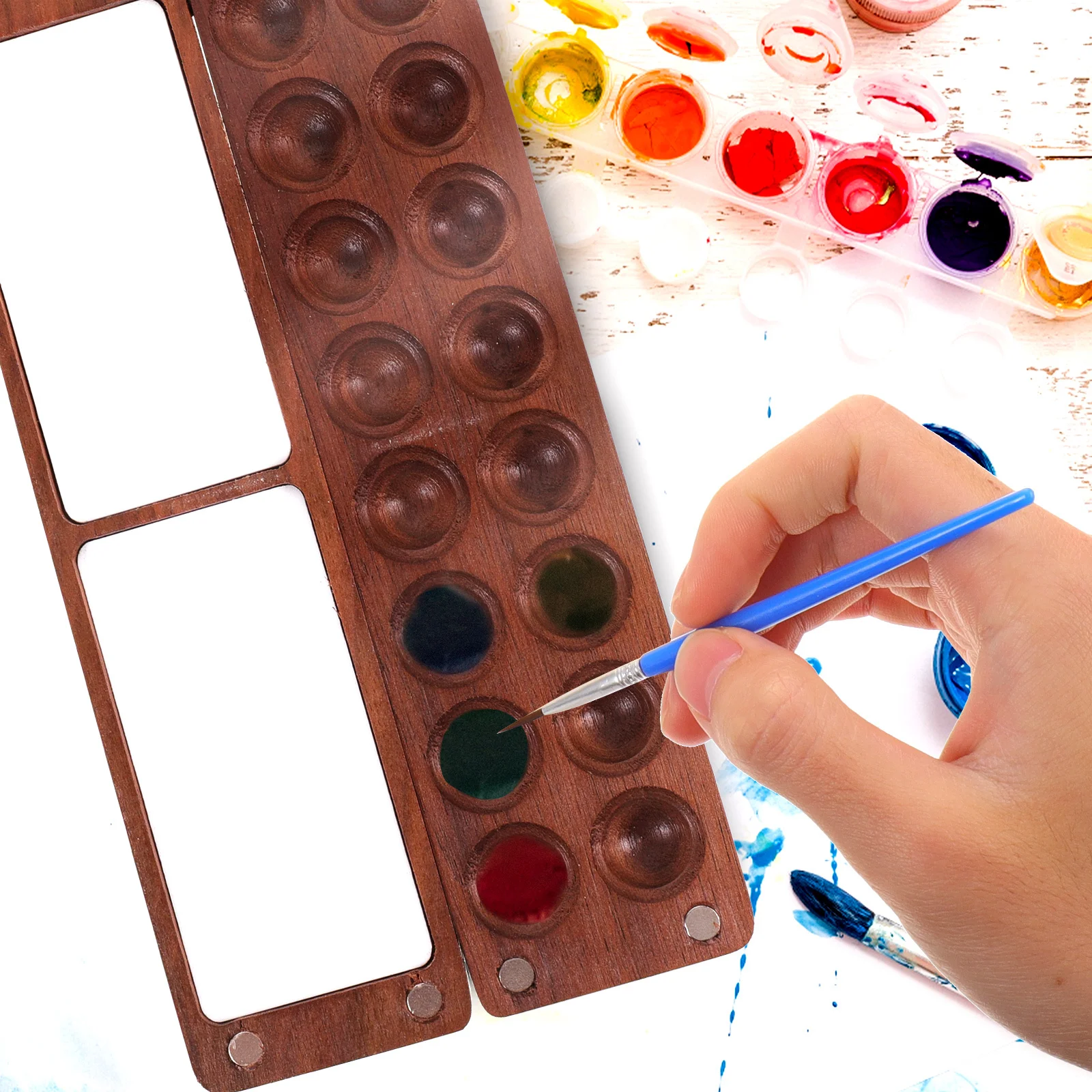 수채화 물감 상자 칸막이가 있는 나무 팔레트 뚜껑이 있는 견고한 휴대용 혼합 트레이 학생 예술가 전문가용 페인트