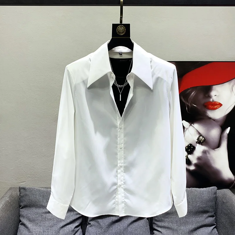 

Универсальная повседневная мужская рубашка с длинным рукавом, белая, свободного кроя, для весны и осени, с подплечниками