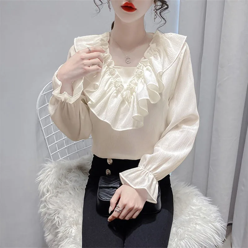 Camisa de gasa con volantes Design Sense, blusa para mujer, novedad de primavera, verano y otoño, Top de manga abombada de estilo coreano hermoso, 2025
