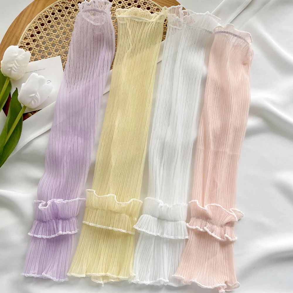 واقية من الشمس سيدة الأكمام رقيقة الدانتيل الأصفاد باردة شبكة الذراع كم واقية من الشمس الأشعة فوق البنفسجية تنفس القفازات الحرير الجليد طويلة أصابع قفازات #5