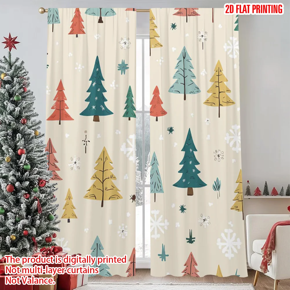 

2pcs 2D flat printing Christmas Window Curtains Forest and Snow Versatile Durable Polyester Without Electricity Spring Party &
