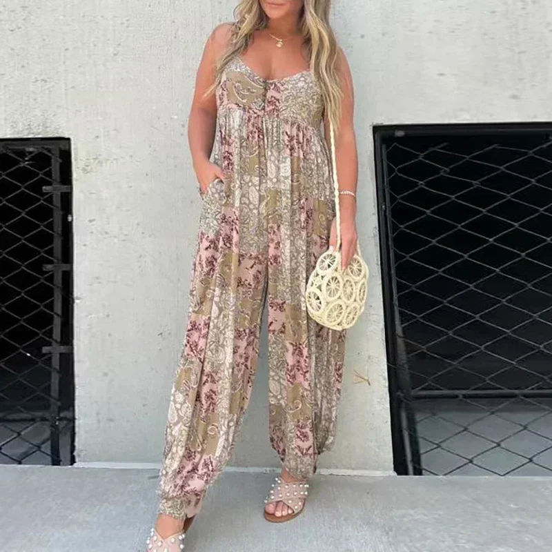 

Fashion Sleeveless Sling Jumpsuits For Women Pinted Casual Pockets Pencil Trousers Summer Autumn Elegant Commute Female Rompers