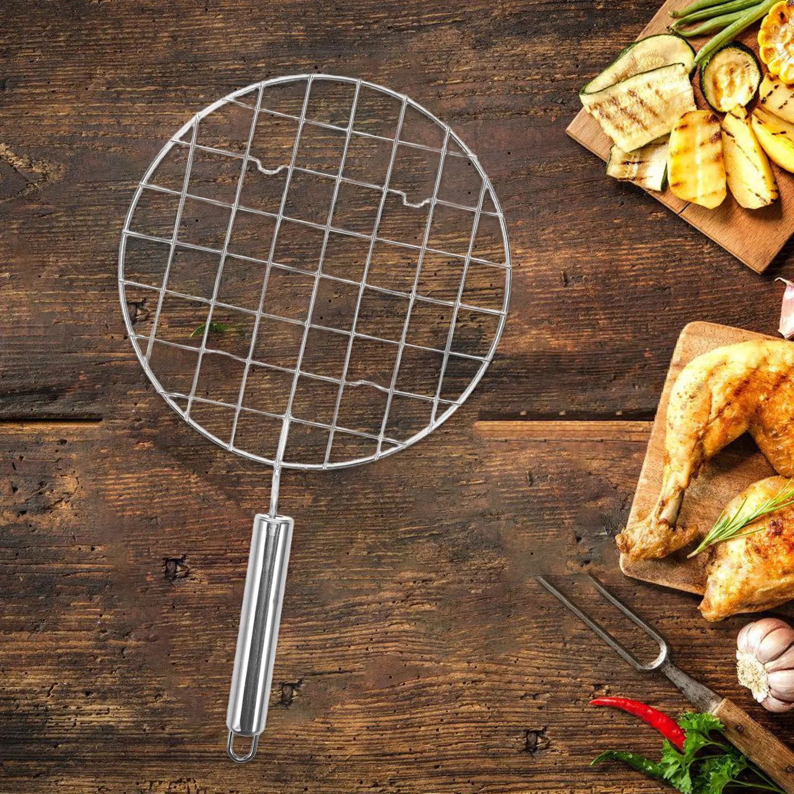 

Round Stainless Steel Grill Net Thickened Mesh Sturdy Handle Portable Outdoor Camping Barbecue Fish Meat Cooking Gadget