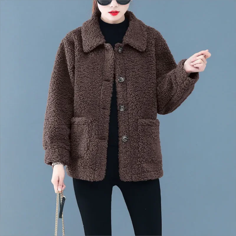 Moda Faux Fur Cashmere Temperament Button Winter Women's Short Solid Color Loose Slim Lapel Pocket Casual Coat Women's