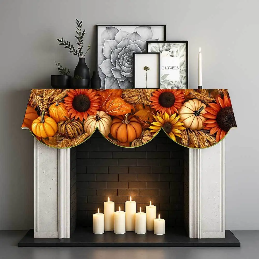 VIKAMA Thanksgiving Fireplace Mantel Scarf Sunflower Pumpkin Mantel Topper Harvest Fireplace Shelf Cover Fall Home Indoor Decor
