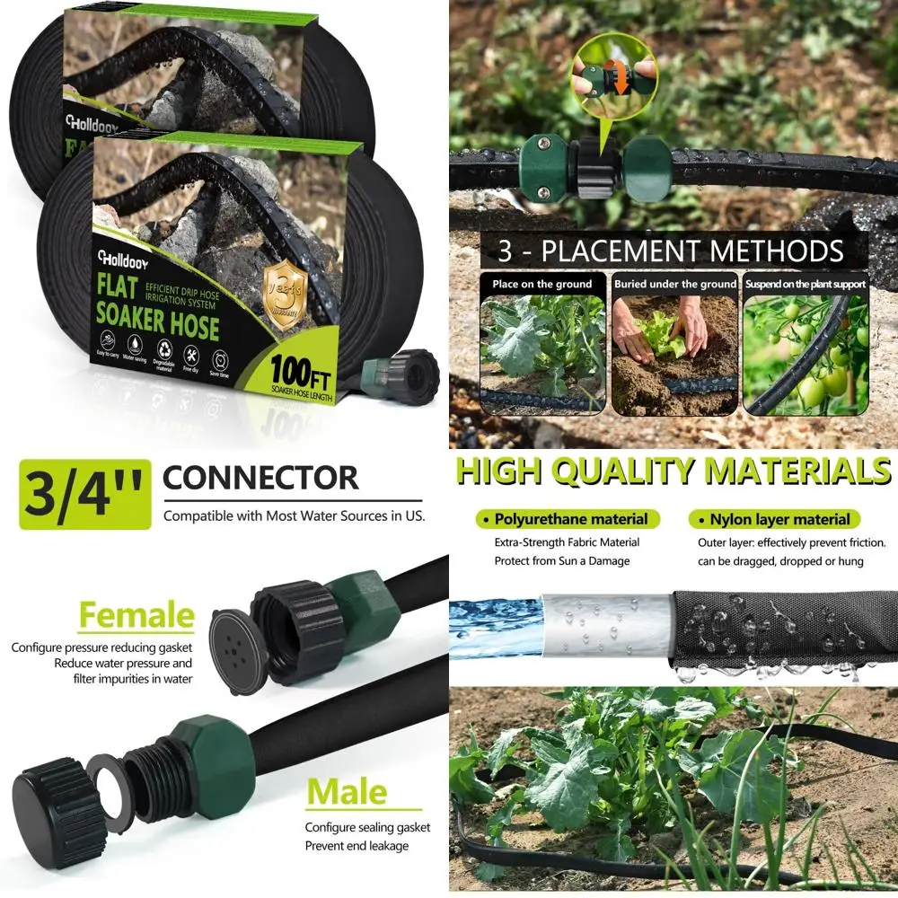 

Water-Saving 100ft x 2 Flat Soaker Hoses for Garden, Lightweight Drip Line Irrigation System for Efficient Watering