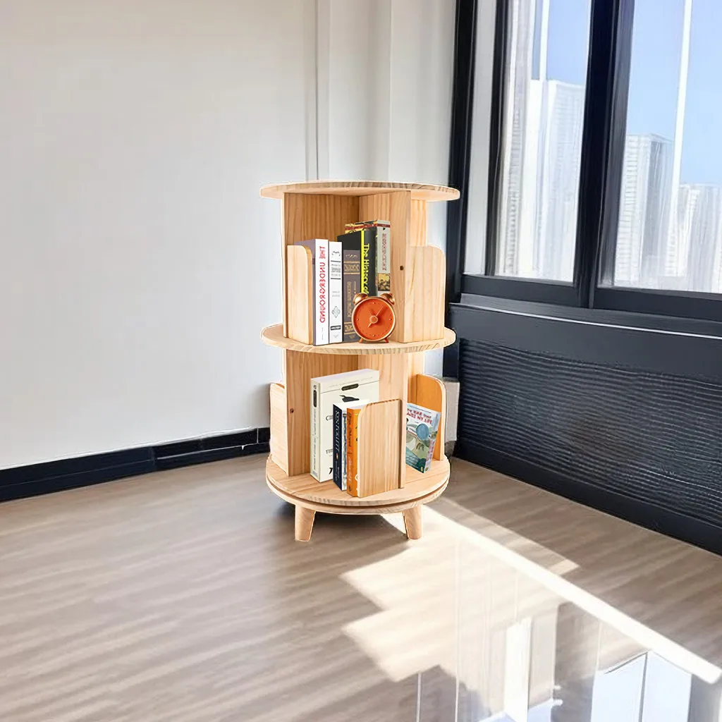

Floor-standing Two-story Solid Wood 360-degree Rotating Bookshelf Multifunctional Shelf High Load-bearing Storage Rack