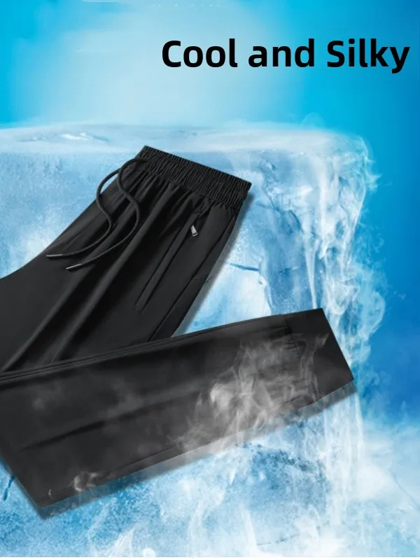 

Ледяной шелк, прямые тонкие мужские летние спортивные брюки, дышащие повседневные свободные брюки с кондиционером, большие размеры