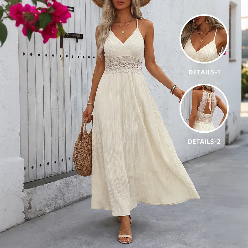 High Quality Hot Selling Wholesale Spring Summer Solid Color Temperament Camisole Dress Vacation Lace Backless Long Skirt Women