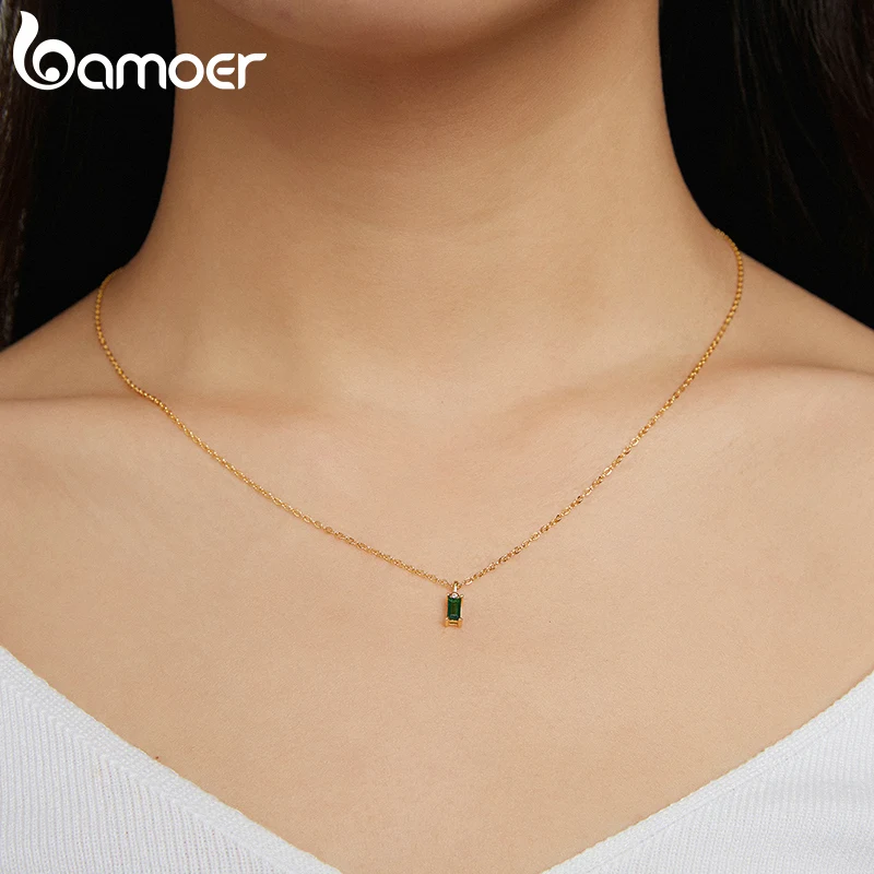 Bamoer 925 Sterling Silver Green Zircon Pendant Necklace for Women Fine Jewelry Plated Gold Link Chain Women Jewelry Gift 17.3\'\'