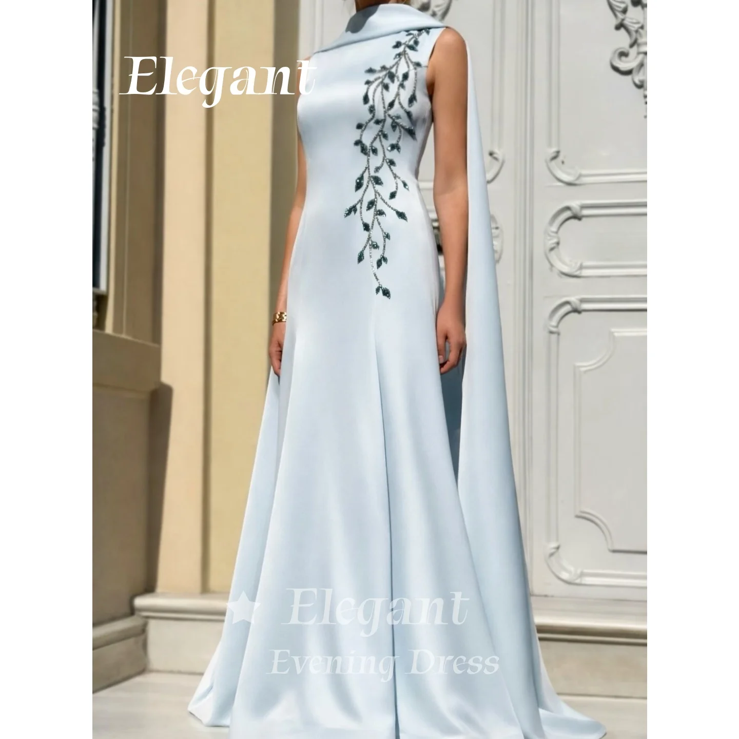 

Light Blue Prom Dress Saudi Women High Neck Cape Satin Beaded A-Line Beaded Evening Dresses Wedding Party Dresses Customized
