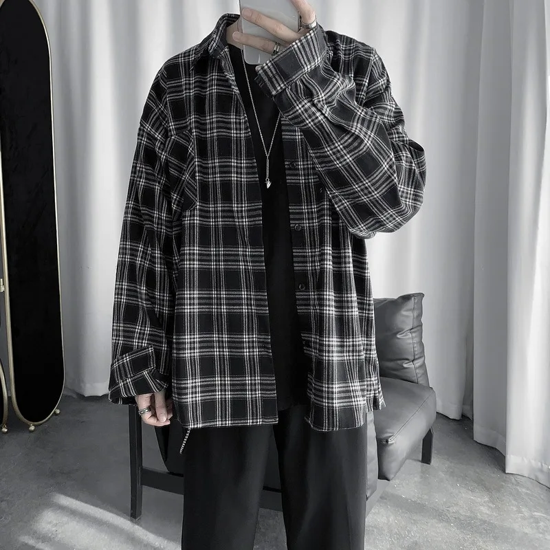 Plaid Shirt Men\'s Long-sleeved Korean Version of The Trend All The Loose Top Spring and Summer New Japanese Casual Coat M-2XL