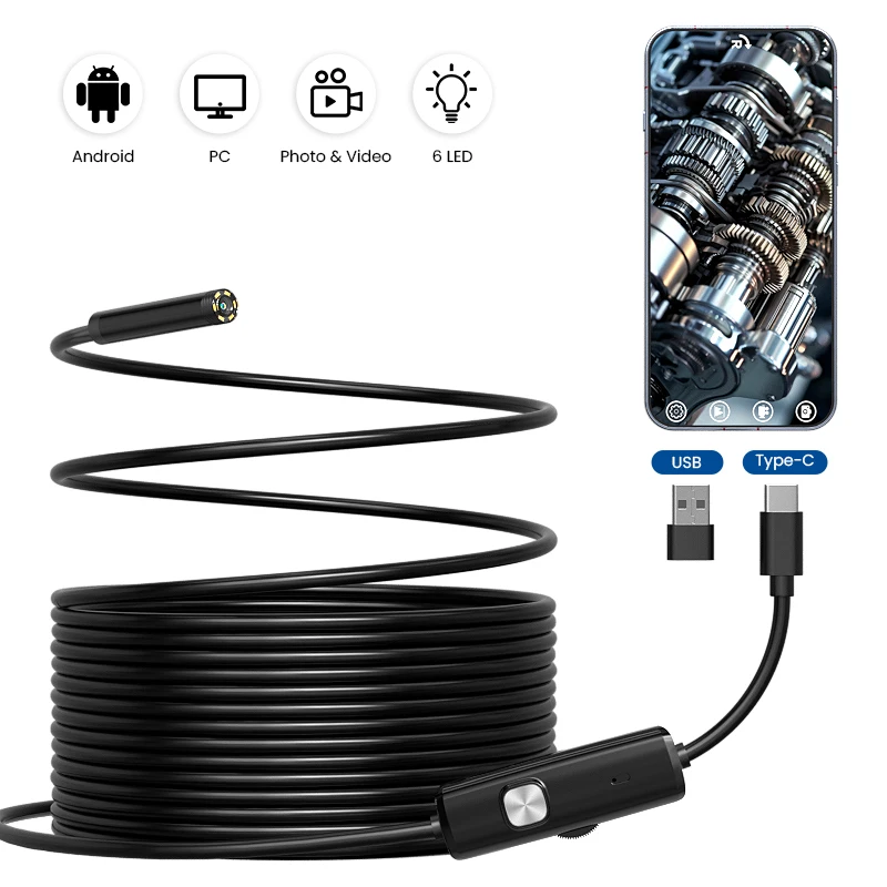 2in1 Phone Direct Connect Endoscope With Camera Inspection Borescope Adjust 6LED Lightfor For OTG Android/PC