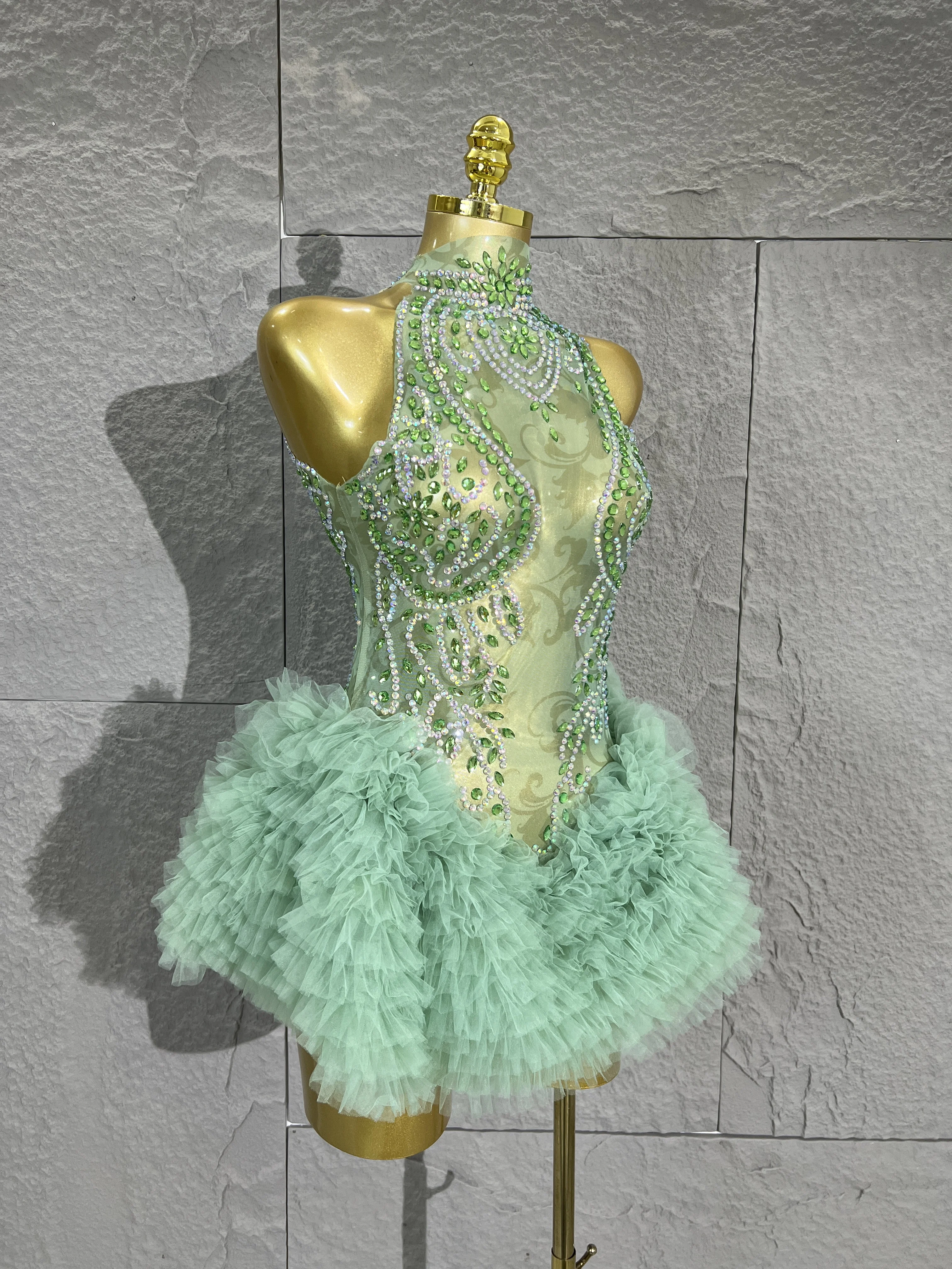 Women Sexy Green Rhinestone Mesh Bodysuit TulleRuffle Mini Skirt High collar Neck StagePerformance Dance Party dinner Costume