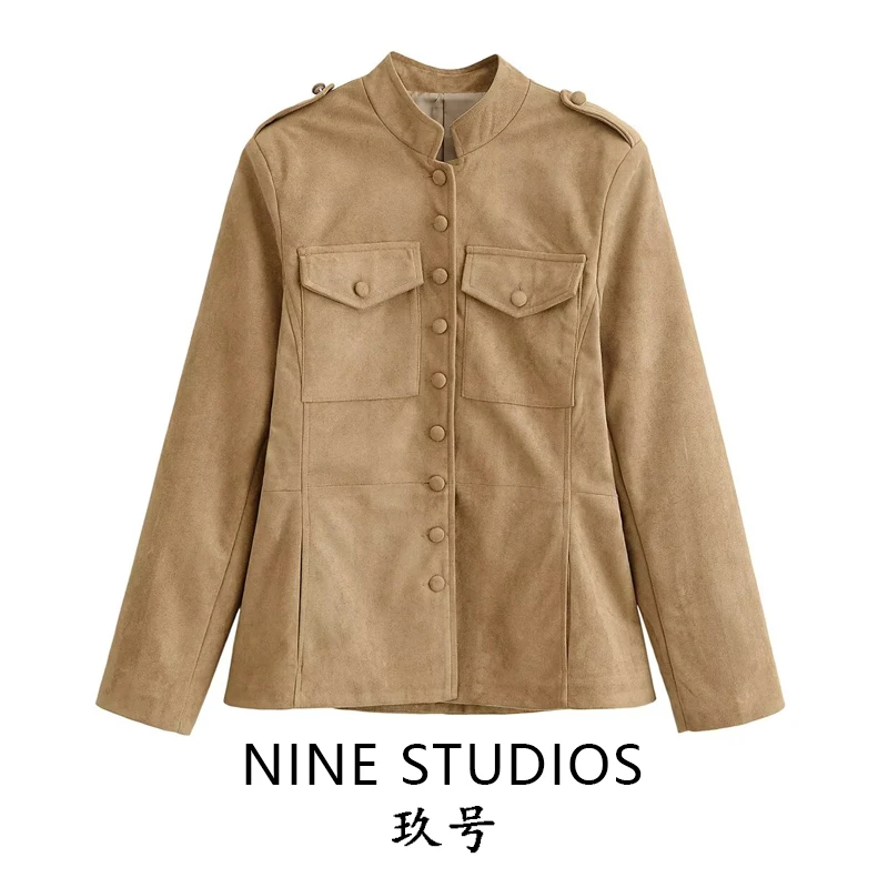 NINE ZAR Women's Slim Fit Jacket with Stand Collar Single Button Pocket Long Sleeve Winter Outerwear Fashion Ladies' Coat