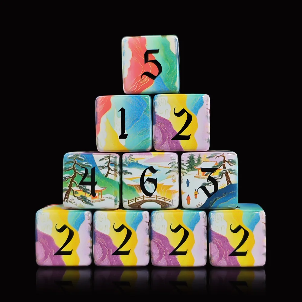12Pcs Printed Acrylic D6 Dice Chinese Ink Landscape Pattern 16Mm Six Sided Game Dice For Dnd Tabletop Board Role Playing Games