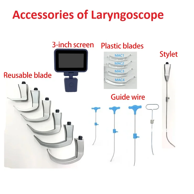 Accessories for Video Laryngoscope Stainless Steel Blades, guide wire, and Screen