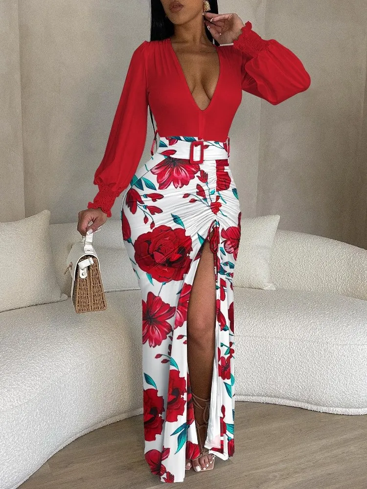 Spring Fashion Casual Woman Dress Long Sleeve Printed Deep V-neck Irregular Sexy Side Slit Dresses For Women Evening Party Dress