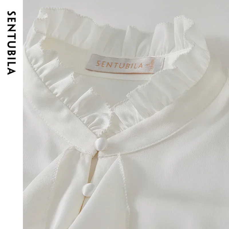 SENTUBILA White Chiffon Shirts For Women 2025 Spring Autumn Casual Commute Stand Collar Ruffles Long Sleeve Blouses 143V56667
