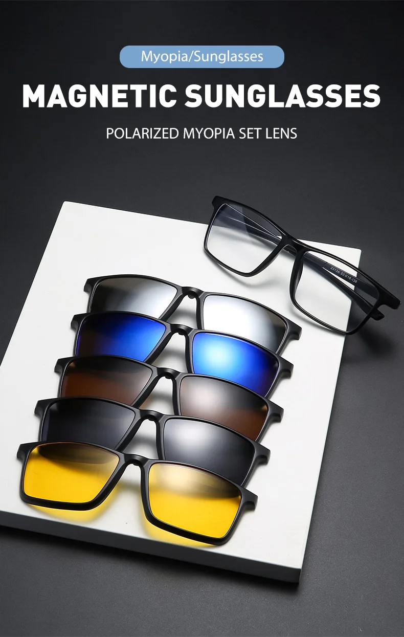 VCKA 6-in-1-Myopie-Brille mit Magnetclip, Sonnenbrille für Herren und Damen, quadratischer Rahmen, verschreibungspflichtig, kurzsichtig, Astigmatismus – 0,5 bis -10 – Detail 1
