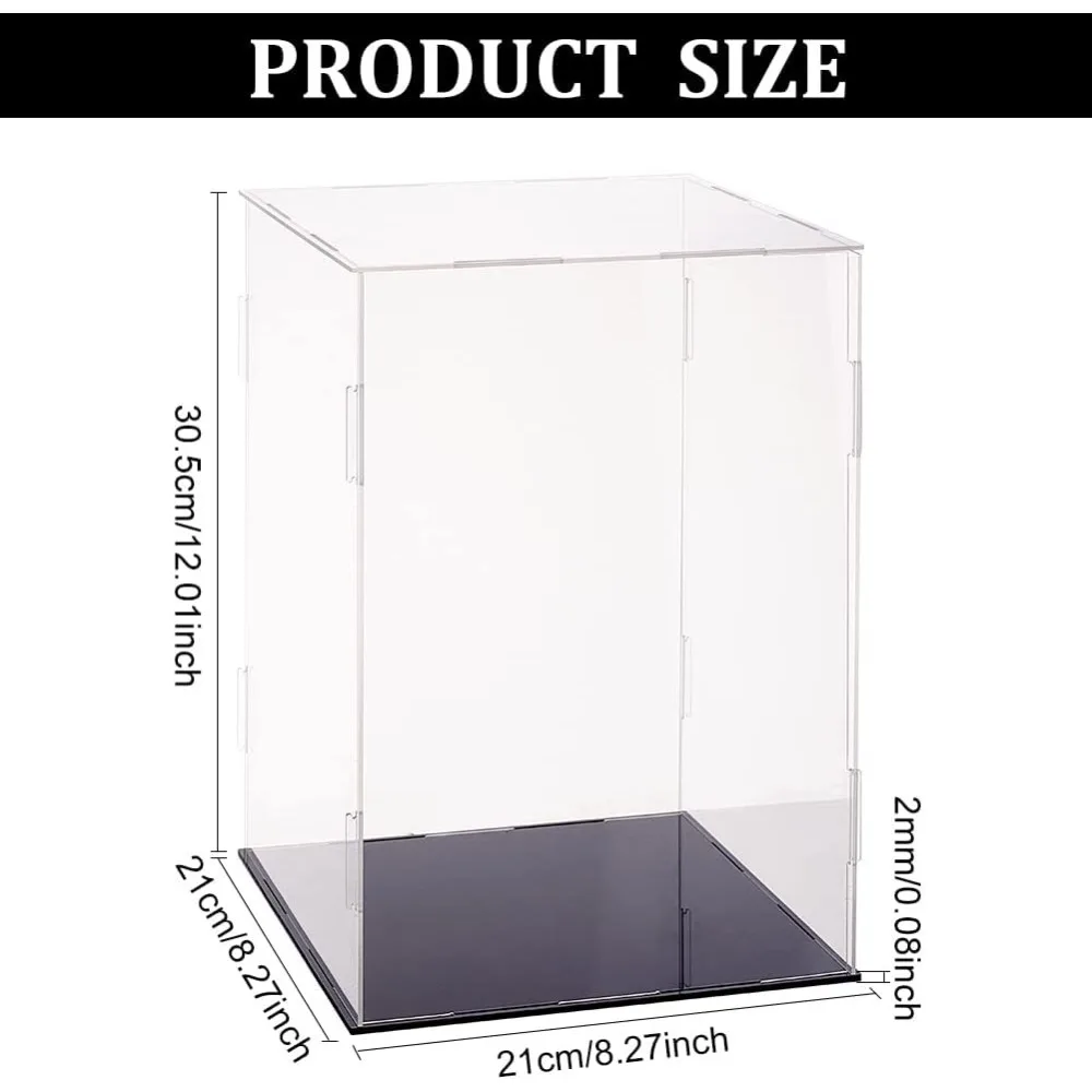 Plastic Minifigure Display Cases 8.3x8.3x12inch Clear Dustproof Action Figure Display Box with Black Base Display Cabine