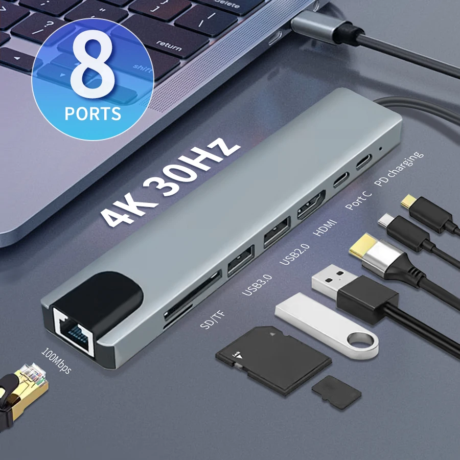 

8 в 1 USB C-концентратор 4K HDMI 87 Вт PD USB 3.0 2.0 Порт Док-станция RJ45 SD/TF Card Reader для MacBook Ноутбук Портативный компьютер