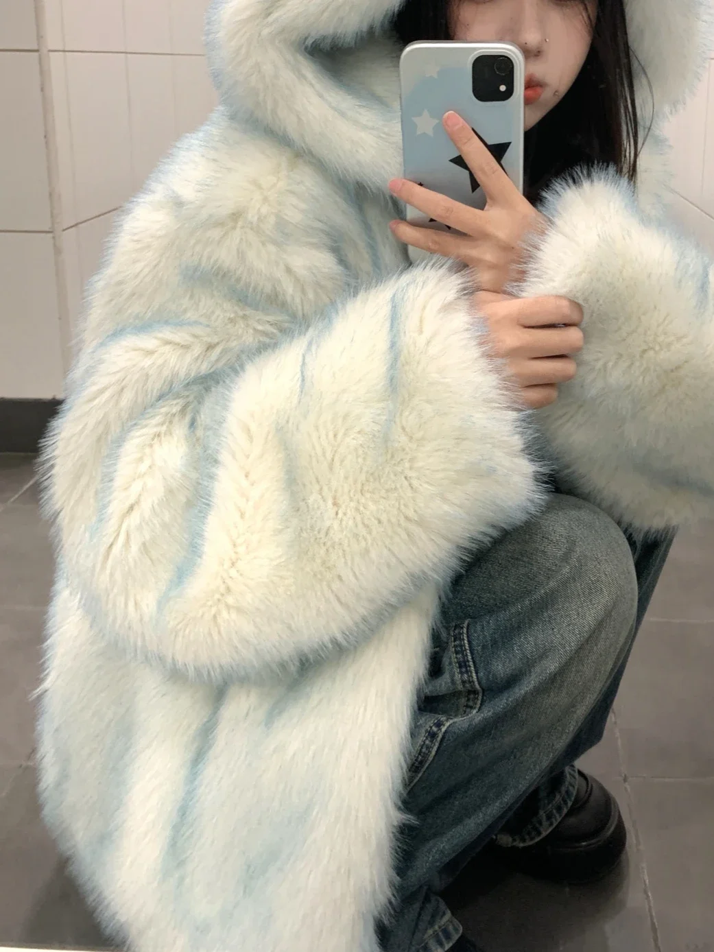 Gradient Blue Faux Fox Fur Coats Women Hooded Y2k Long Sleeve Fluffy Jacket Chic Vintage Outerwear 2024 Winter Fashion