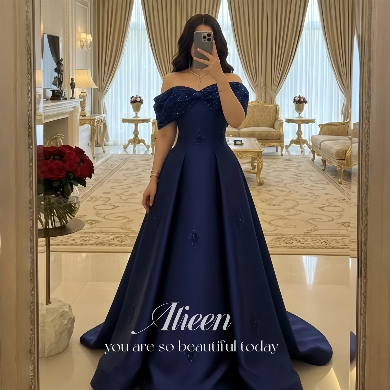 

Evening Dress Women European Navy Satin Off-Shoulder Ball Gown Beading Formal Aileen Sleeveless Floor-Length 2026 Customized